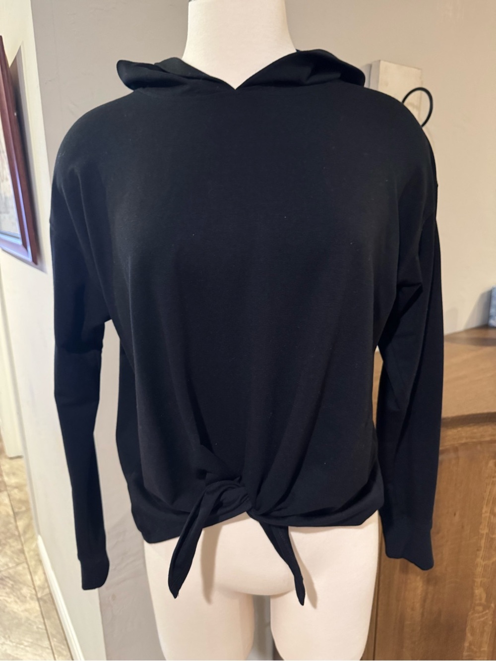 Women's DKNY Black Tie-Hem Hooded Top